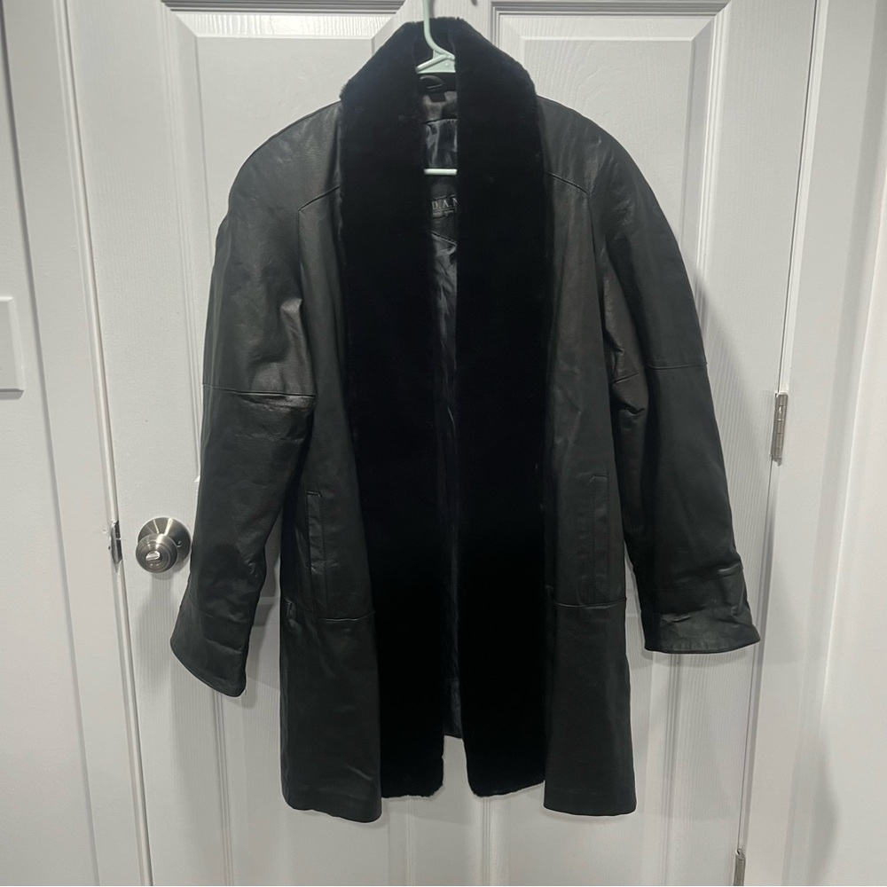Vintage Leather Jacket Faux Fur Trim Black M Overcoat